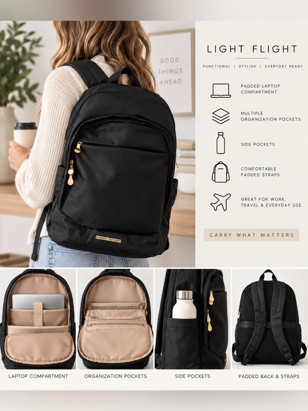 LIGHT FLIGHT Black Laptop Backpack Women’s Work Travel Commuter Bag